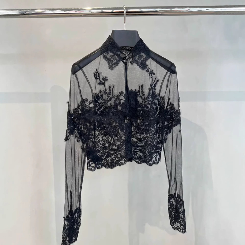 Black Lace Crochet Embroidered Shirt for Women, 2026 Spring French Style, Elegant, Simple, Fashionable, Versatile Top Black Lace Crochet Embroidered Shirt for Women, 2026 Spring French Style, Elegant, Simple, Fashionable, Versatile Top