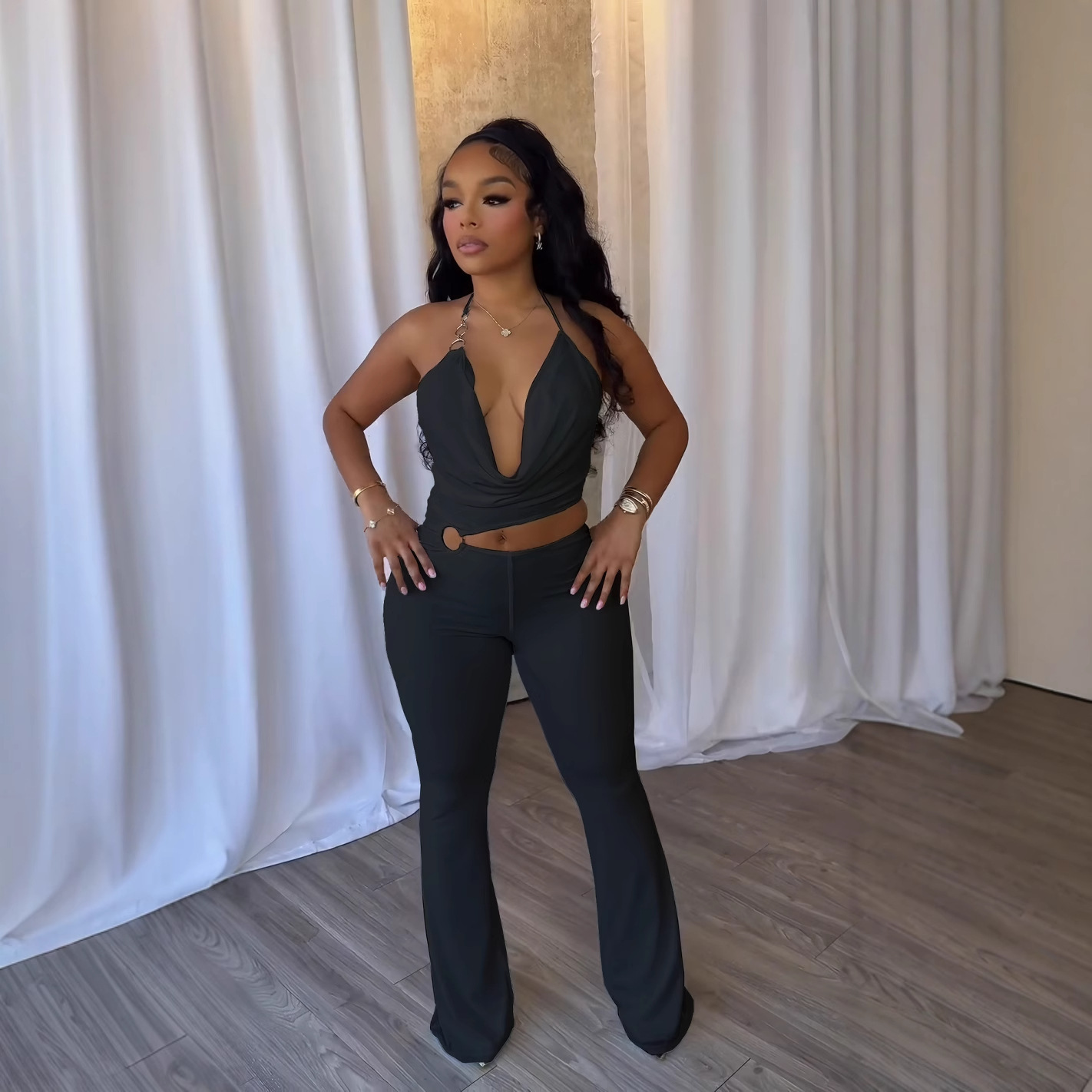 Hot Selling Elegant Sexy Slim Fit Stretch Hollow Ring Halter Strap Jumpsuit