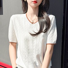 韩版安迪拼色短袖女女V领跨境毛衫衣绒毛女式针织衫打底2026秋款
