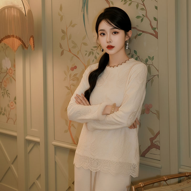 Chinese Style Heavy Lace Gourd Embroidery Patchwork Fur Cuff Shirt High-End Simple Long-Sleeved Top for Women Nx017