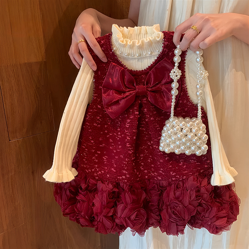 Vestido de princesa rosa tridimensional para niñas 2025 otoño e invierno nuevo estilo para niños Navidad y año nuevo vestido de chaleco con lazo rojo