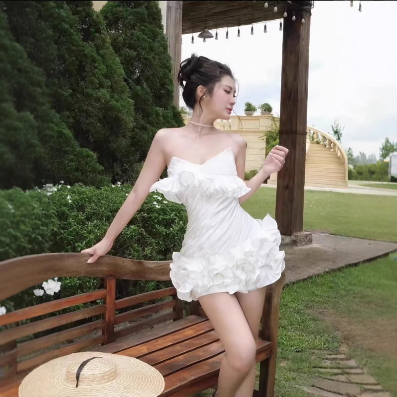 Cross-Border Shipping of Vietnamese Niche Three-Dimensional Floral Strapless White Birthday Holiday Princess Puffy Short Dress