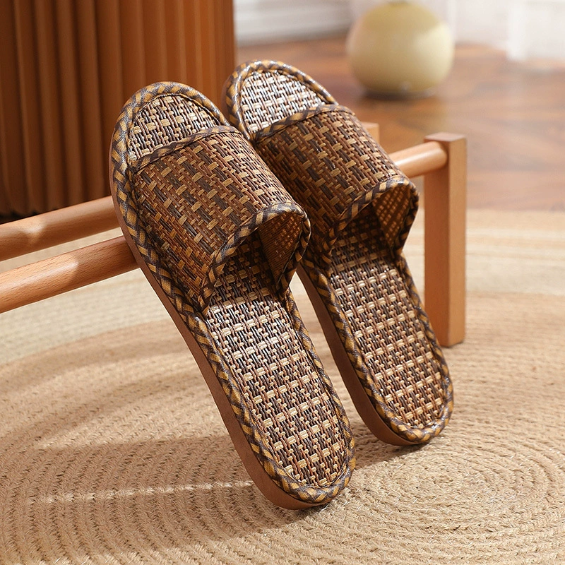  straw woven summer slippers, non-slip men's slide