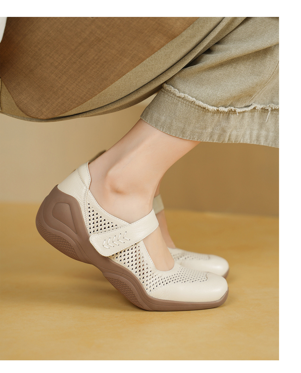 Giày sneaker nữ đế dày da cừu quai ngang lỗ rỗng — màu trắng ngà chi tiết 11
