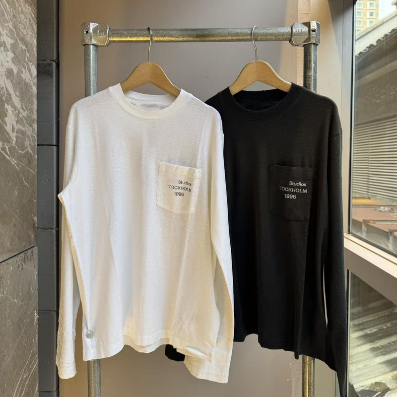In Stock Now! 2026 Early Spring New Style 1996 Pocket Design Letter Print Round Neck Loose Long Sleeve T-Shirt Top