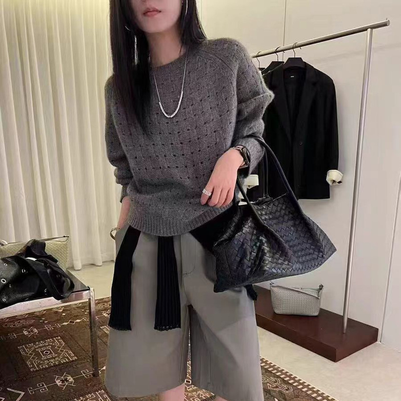 韩系圆领纯色镂空针织衫秋冬季新款休闲慵懒风宽松百搭毛衣女套头|undefined