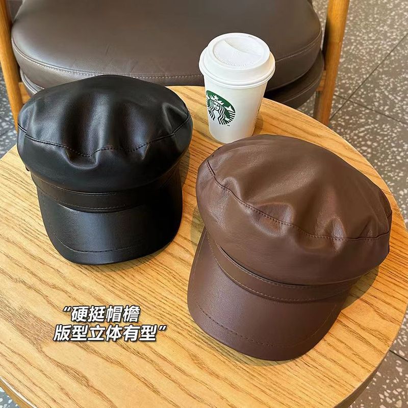 pu皮黑色八角帽复古秋冬鸭舌帽子女韩版休闲百搭日系报童帽潮软顶|undefined