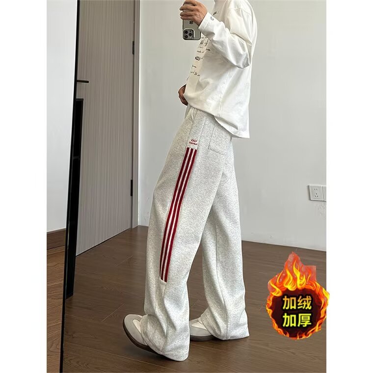 fleece-lined three-bar men's pants fashion Joker straight tube mop pants loose casual sports long pants men's wholesale
