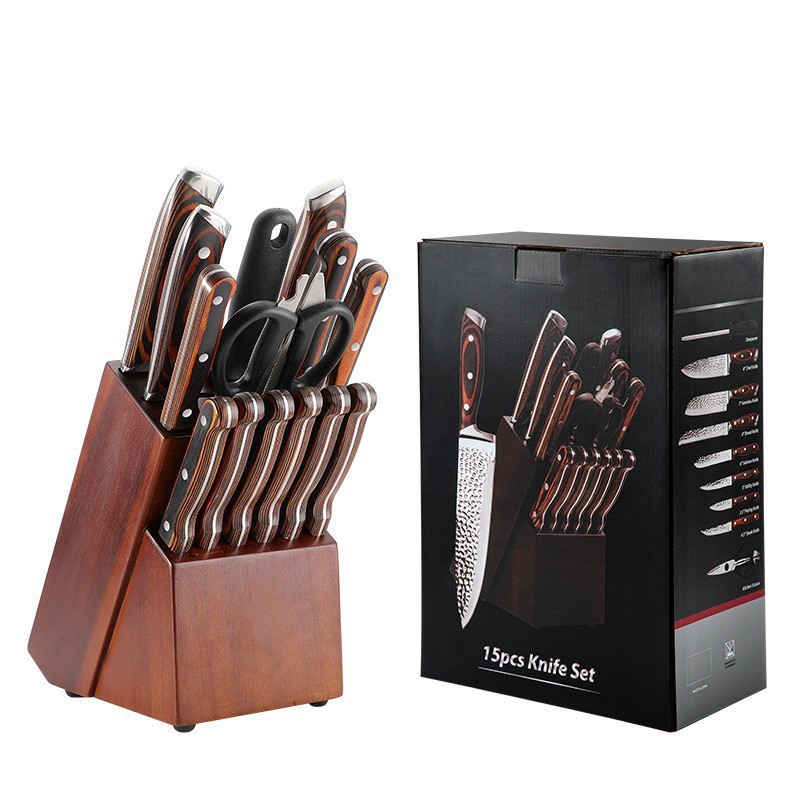 Cuchillo de cocina transfronterizo martillo forjado cuchillo de cocina cuchillo de madera cuchillo de cabeza de acero 15 piezas cuchillo de cocina cuchillo de corte de carne
