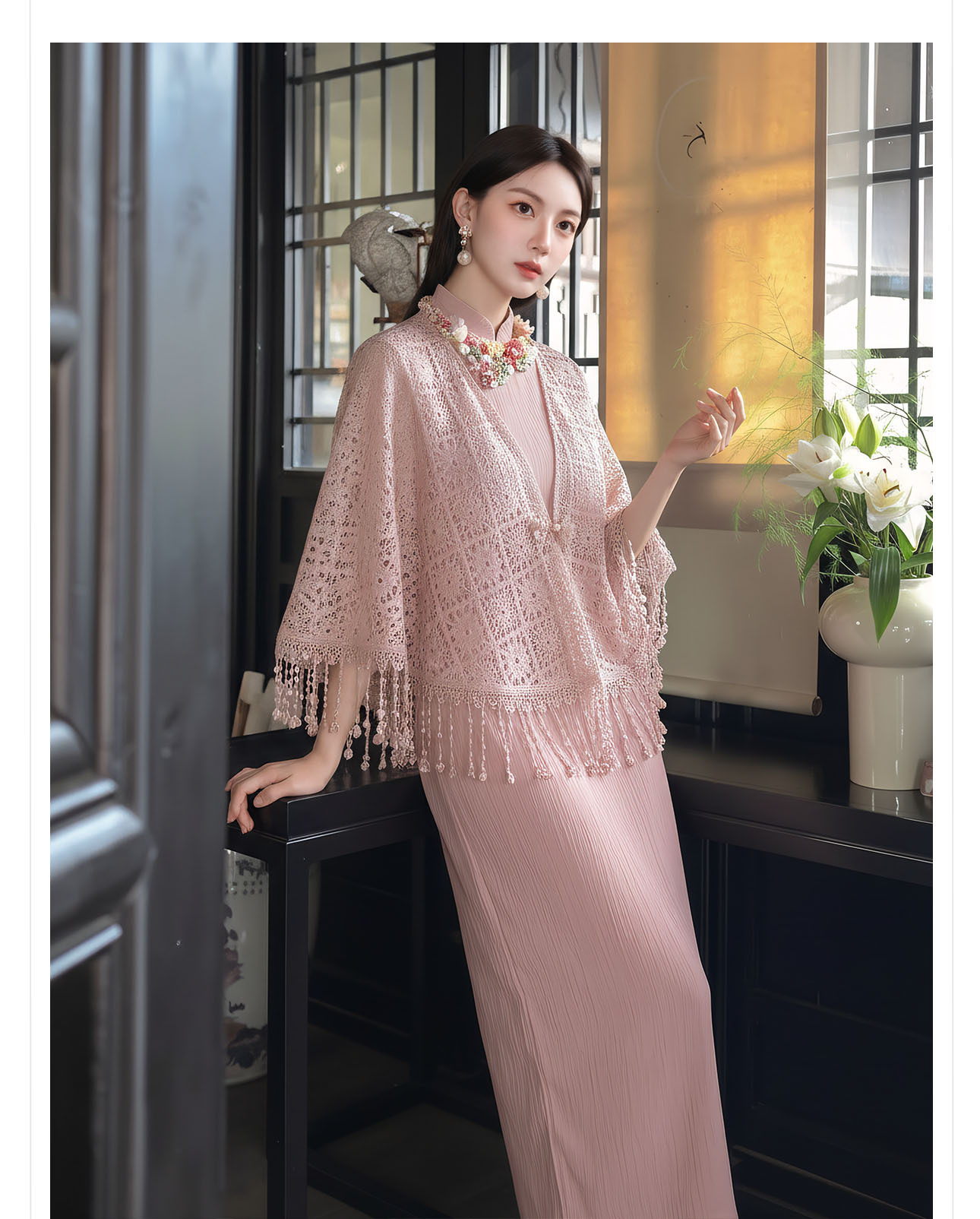 Bộ váy đầm maxi thắt eo kiểu Trung Hoa cải tiến kèm áo khoác choàng tua rua — Trang chủ, bộ đồ, váy liền, váy xanh chi tiết 20