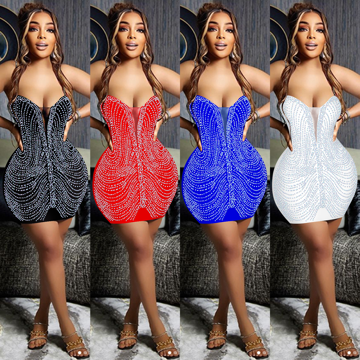 C5898 AliExpress Amazon europeo y americano sexy ropa de mujer discoteca caliente rhinestone sexy Sling cuello en V vestido MIDI vestido mujeres image 1
