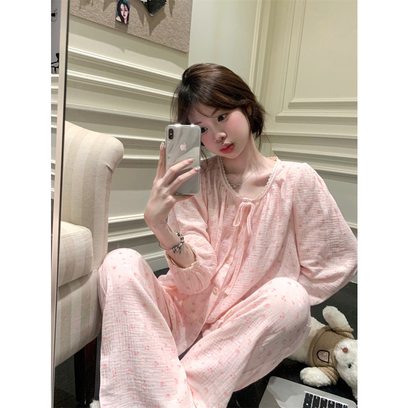 2025 甜美粉色少女蕾丝拼接花边家居服睡衣套装|undefined