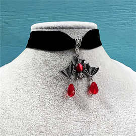 跨境 外贸 亚马逊 时尚复古朋克哥特式蝙蝠项链红色水晶珠吊坠
