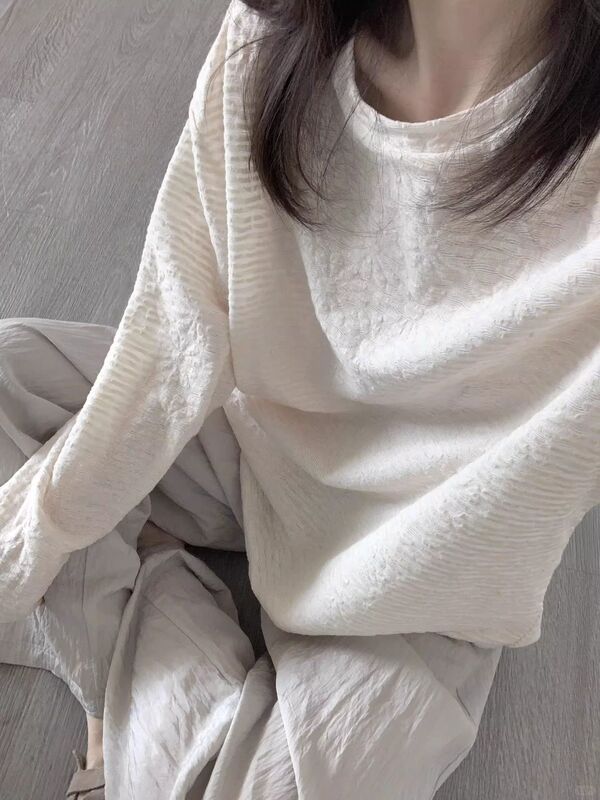 立体肌理感长袖t恤女春秋季宽松内搭打底衫松弛感慵懒风上衣批发|undefined