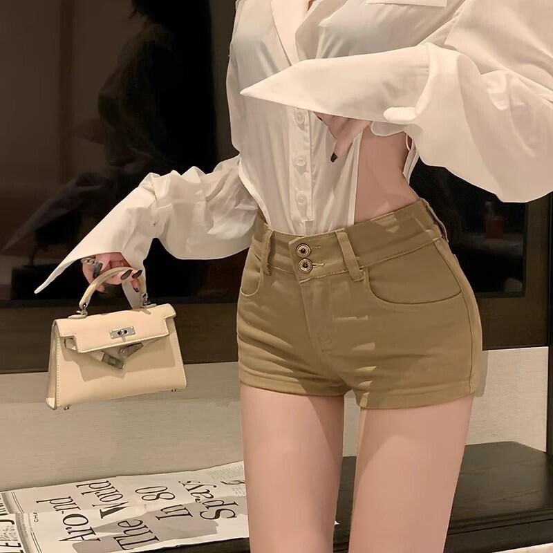 Khaki American-Style Hot Girl Denim Shorts for Women, New Spring and Summer Low-Waist Slimming Sexy Hip-Hugging Ultra-Short Shorts for Outerwear