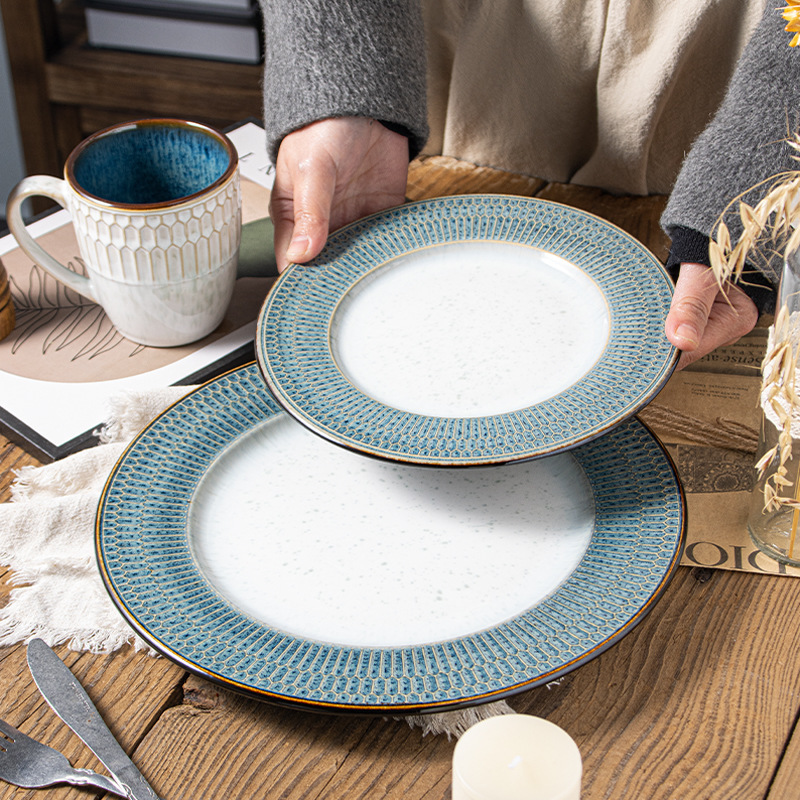European Kiln-Glazed Ceramic Tableware Underglaze Color Set Creative Steak Plate Salad Bowl Mug Cross-Border Customization