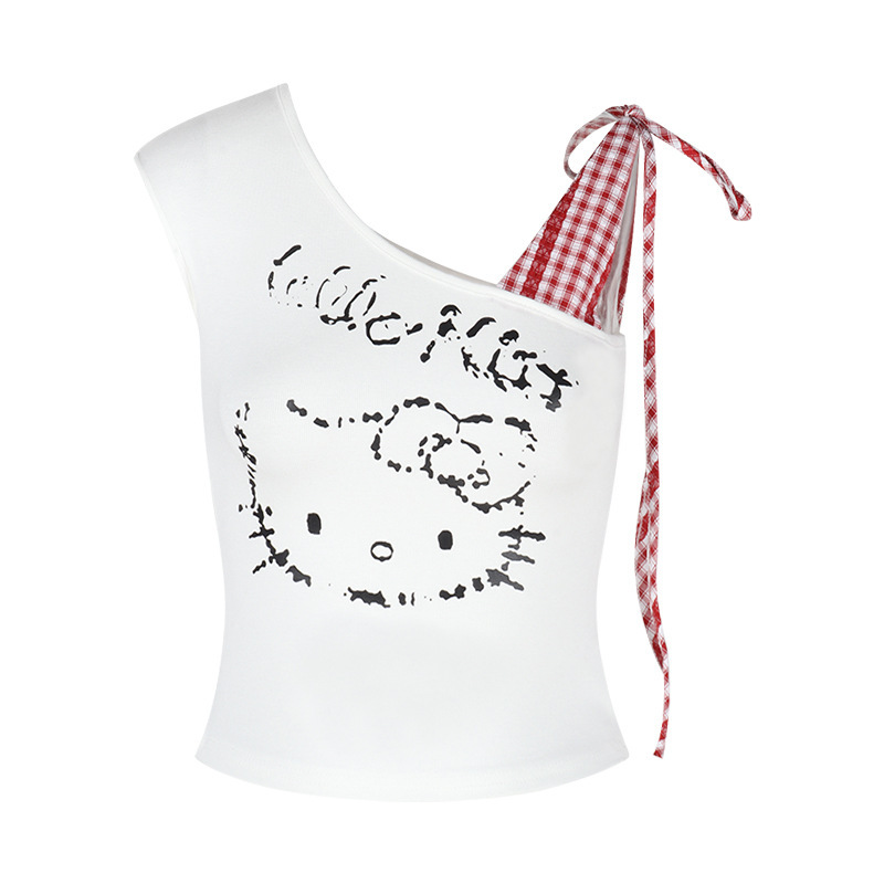 白い格子はkittyの肩のベストtシャツの女性の夏のデザイン感をつなぎ合わせます。|undefined