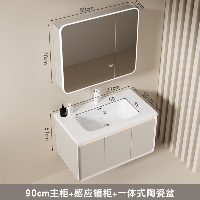 Color crema 90 gabinete + grifo + 80 Luz de almacenamiento espejo gabinete