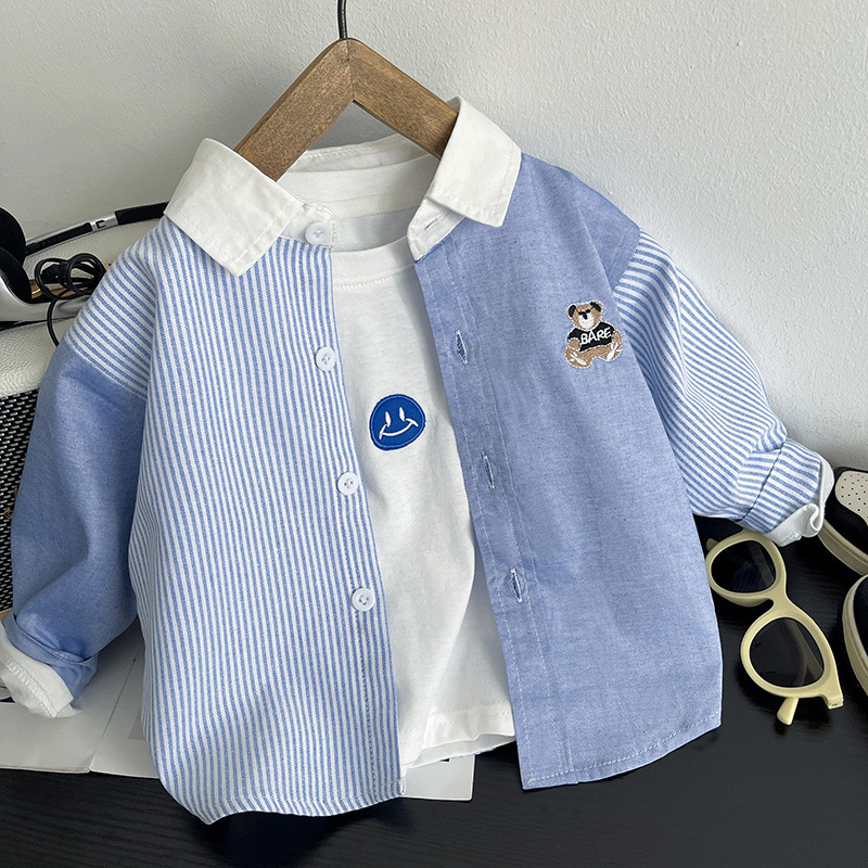 Chaqueta de camisa de costura a rayas de primavera y otoño para niños, chaqueta de camisa de solapa de todo fósforo con bordado de dibujos animados de manga larga para niños