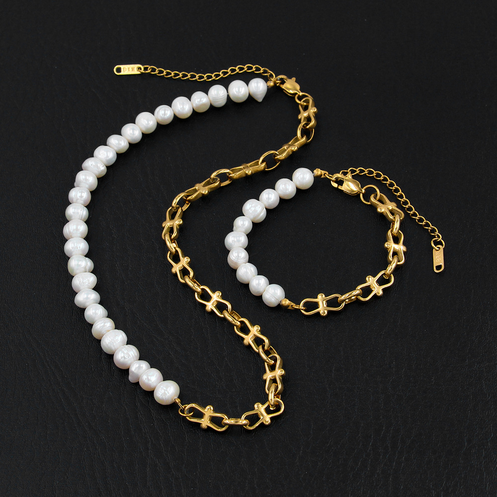 Fashion Color Block Pearl Titanium Steel Plating Bracelets Necklace 1 Piece