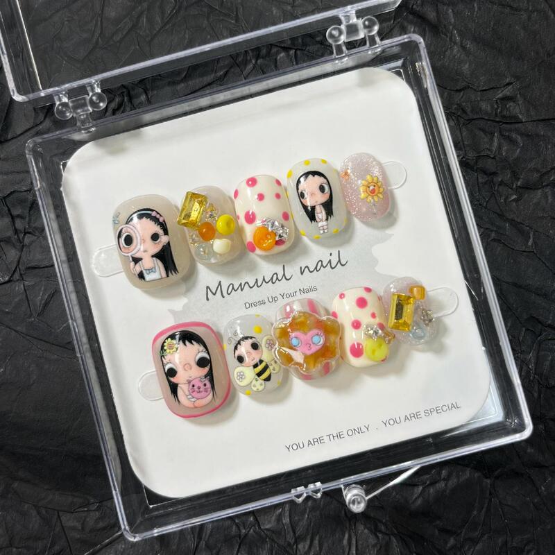 【Xiaoyu】Purely Handmade Cute Cartoon Girl Short Round Wearable Nail Stickers Removable A773 【Xiaoyu】Purely Handmade Cute Cartoon Girl Short Round Wearable Nail Stickers Removable A773
