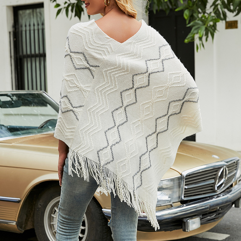 Wavy striped cape fringed shawl coat_voghion.com