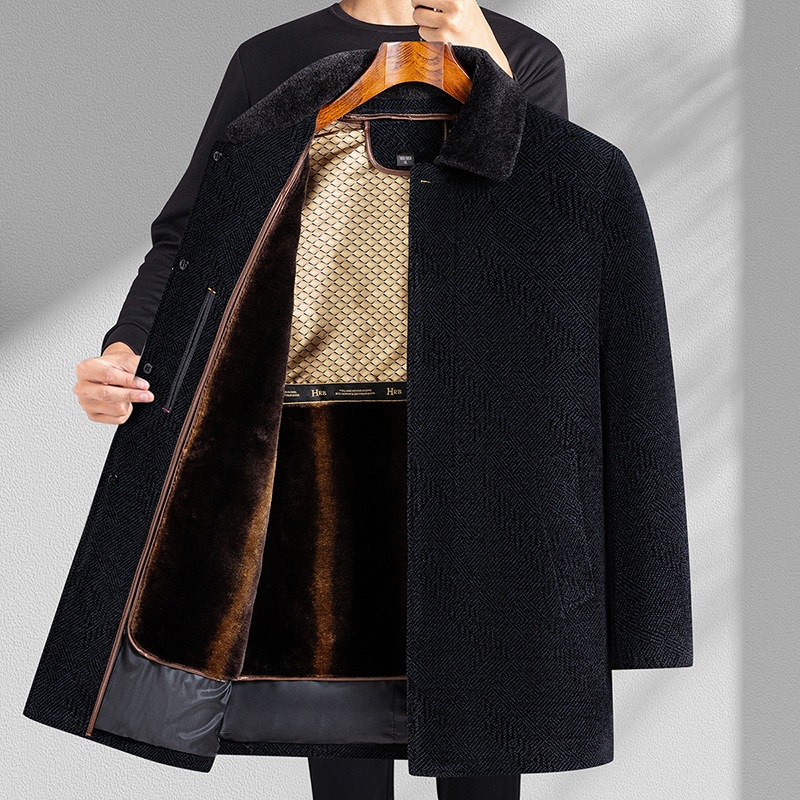 Stylish and simple chenille wool coat for middle-aged and elderly men, thickened and fleece-lined for winter 2026, with a detachable inner lining.