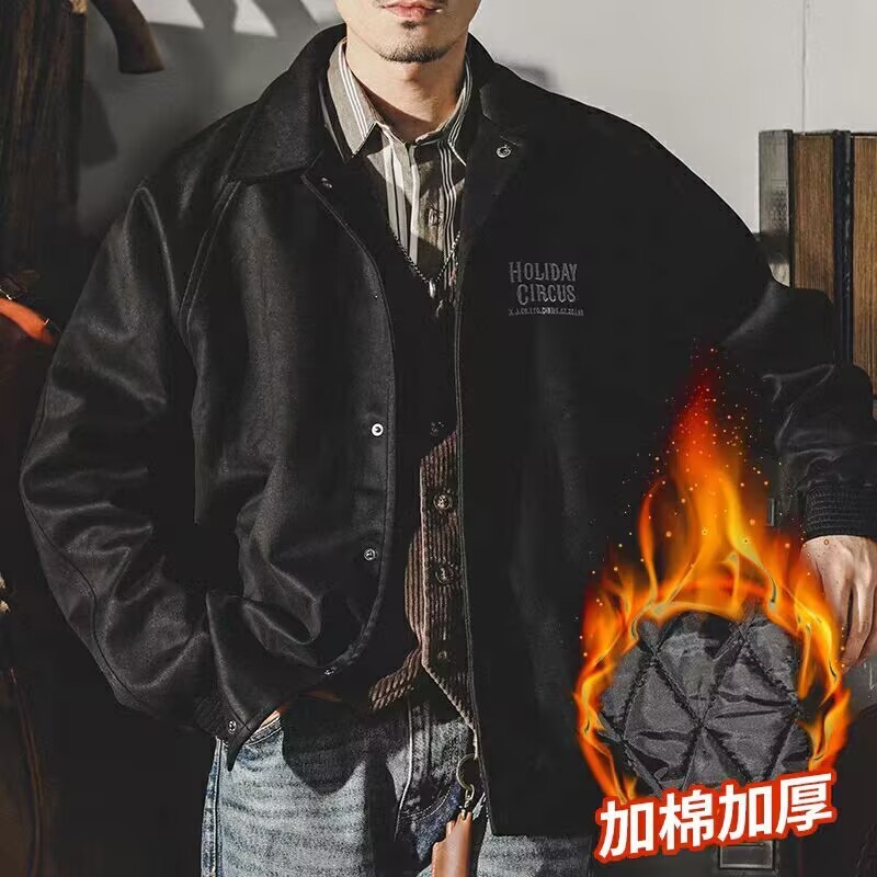 灰色の緑の鹿の毛皮の毛の襟の野球の服の男性のゆったりした秋冬のファッションのブランドの380gの重いポンドのアメリカのジャケットのコート|undefined