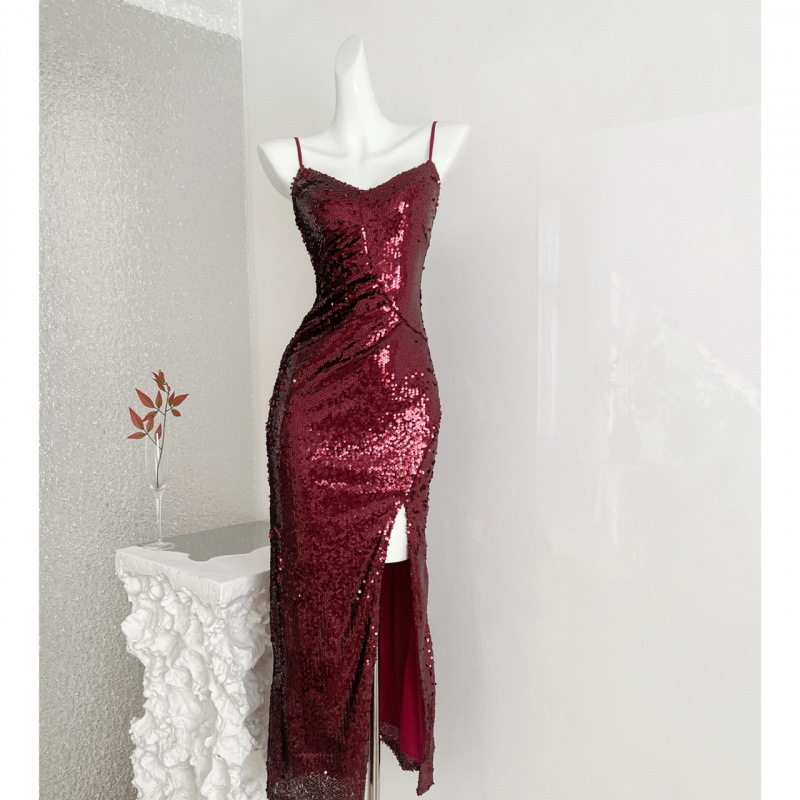 High-End Light Luxury Socialite Sexy Temperament Diamond Sequin Tube Top Slit Dress Burgundy Evening Dress Women's Long Dress
