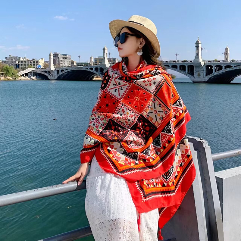 Sopa de satén de twill para mujeres 2025 bufandas de viento nacional de verano tibetanas bufandas de seda protector solar lago Qinghai turismo foto toalla de playa