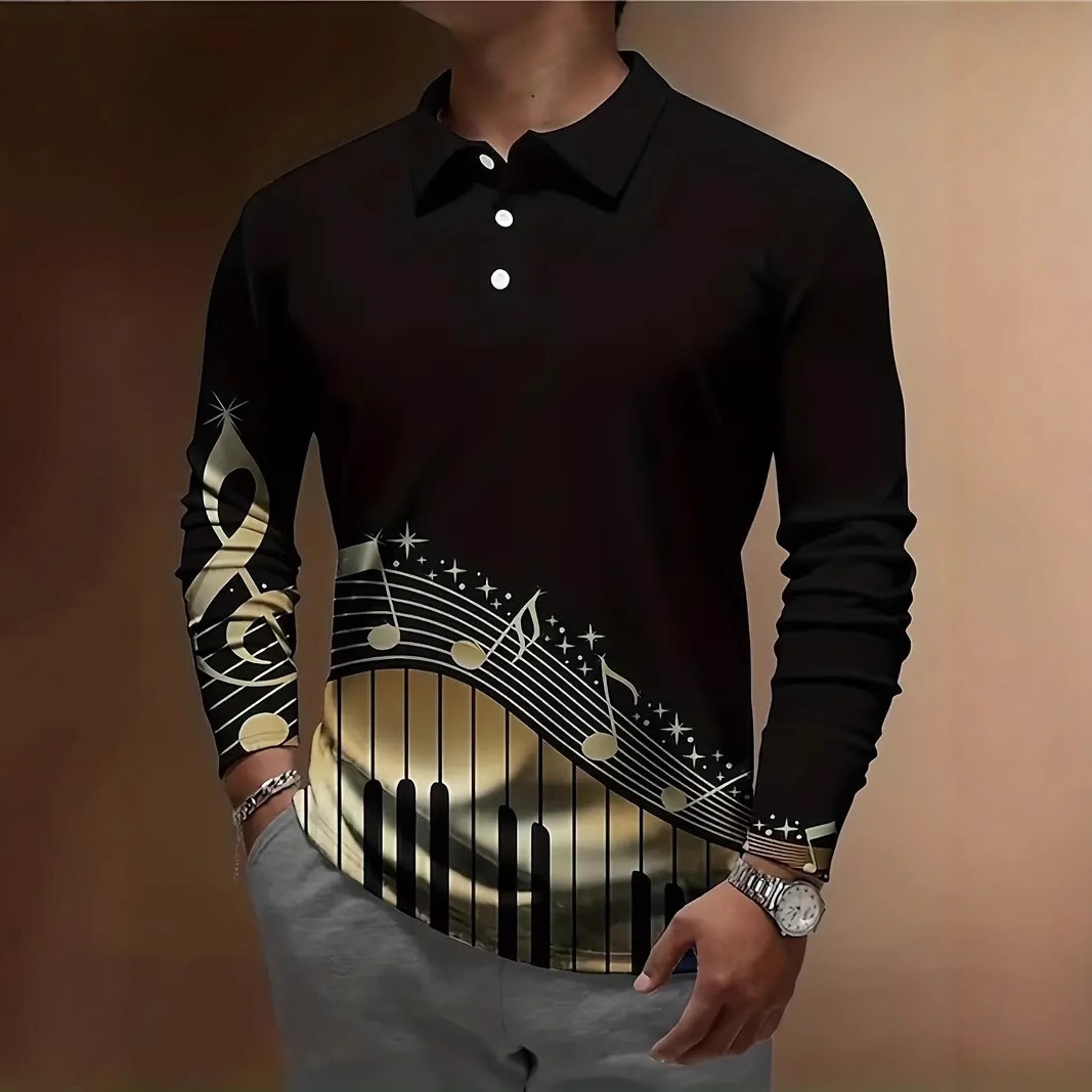 Europa y América venta caliente transfronteriza arte notas coloridas impresión 3D hombres primavera y otoño negocios sueltos botones de manga larga camisa POLO