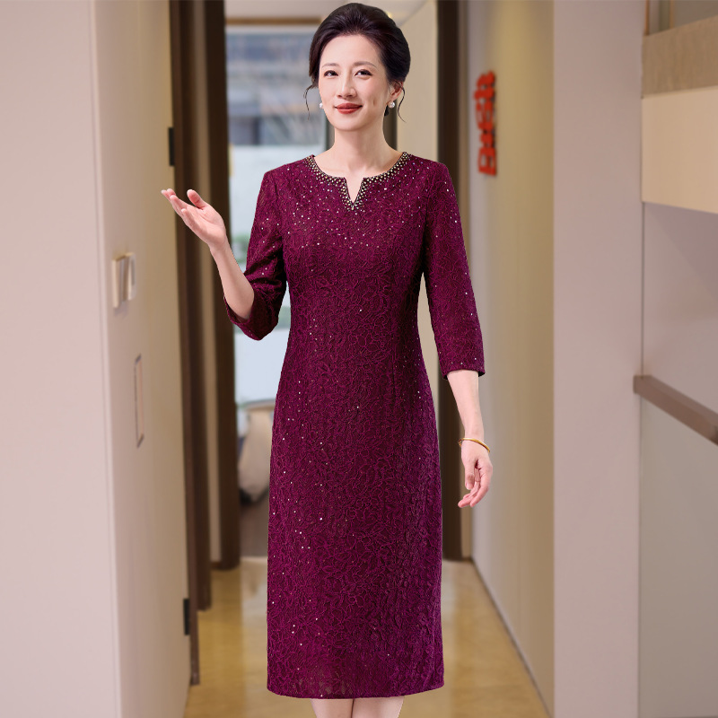 喜婆婆蕾丝钉珠重工镂空中老年大码连衣裙2026春秋婚宴敬酒晚礼服