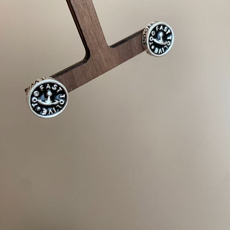 新款复古做旧土星圆形耳钉女小众设计感简约气质金属耳环轻奢银针|undefined