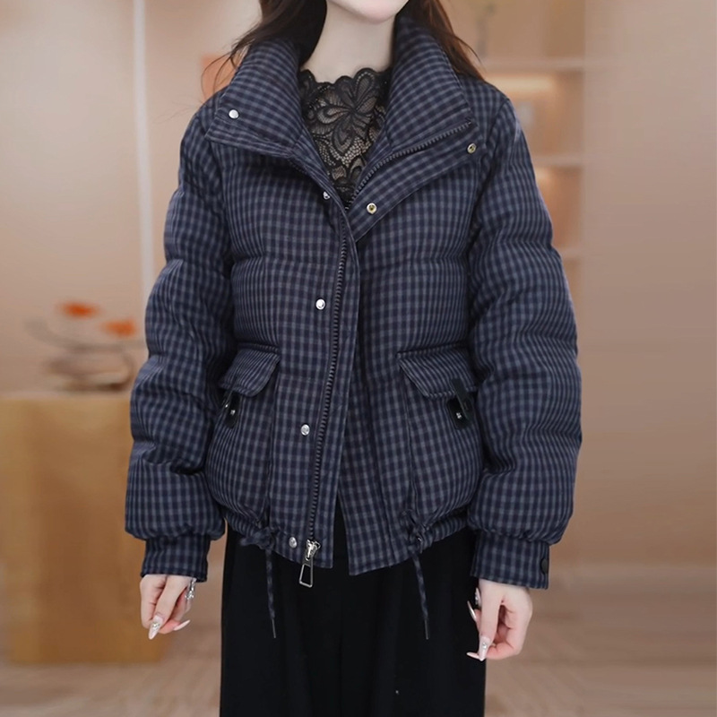 韩版时尚气质洋气格子立领棉服女冬季新款宽松显瘦加厚保暖棉衣潮