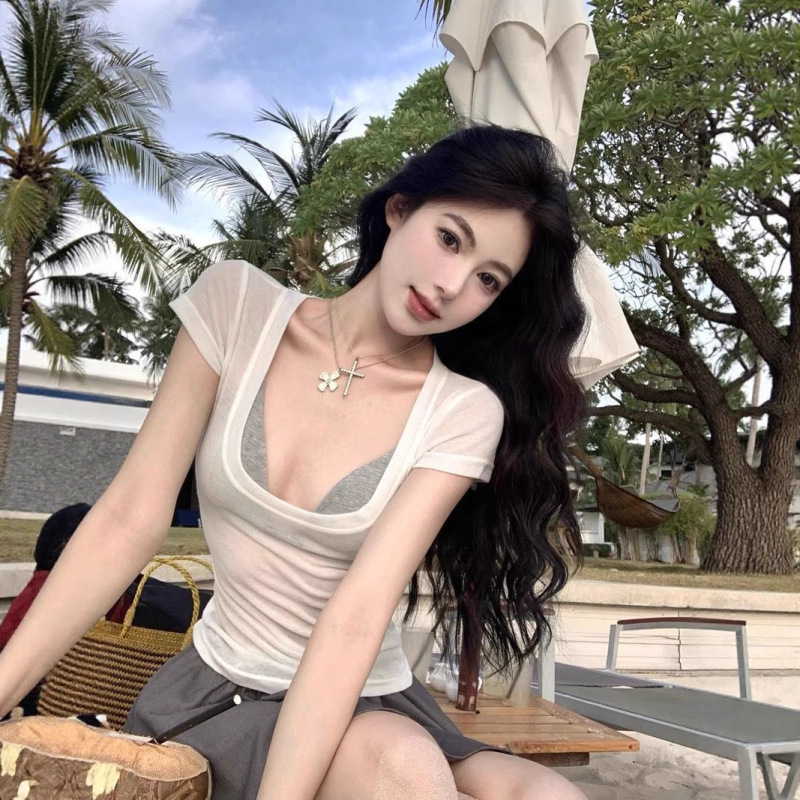 White Large U-Neck Short-Sleeve Regular Shoulder Slim Versatile T-Shirt for Women, New Summer Tight-Fitting Slimming Waist-Cinching Thin Sheer Top White Large U-Neck Short-Sleeve Regular Shoulder Slim Versatile T-Shirt for Women, New Summer Tight-Fitting Slimming Waist-Cinching Thin Sheer Top