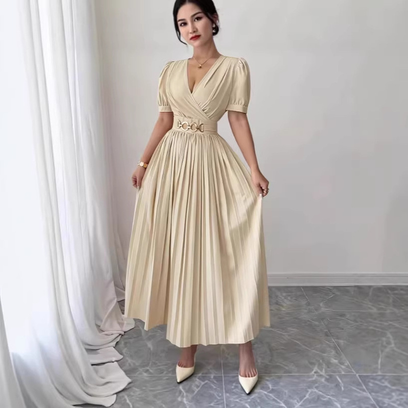 V-Neck Puff Sleeve Pleated Mid-Length Dress with Metal Buckle Waist-Cinching Design, Slimming Banquet and Workwear Dress, Direct from the Source Factory