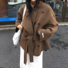 韩国东大门女装法式立领双排扣毛呢外套女