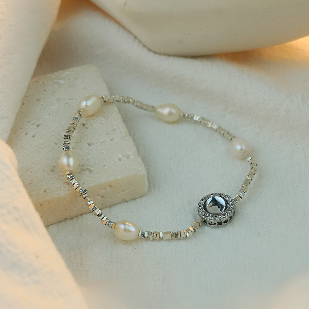 S925 pulsera de plata triturada, anafila natural, perla de agua dulce, pulsera de estrellas para mujeres, explosión de transmisión en vivo.