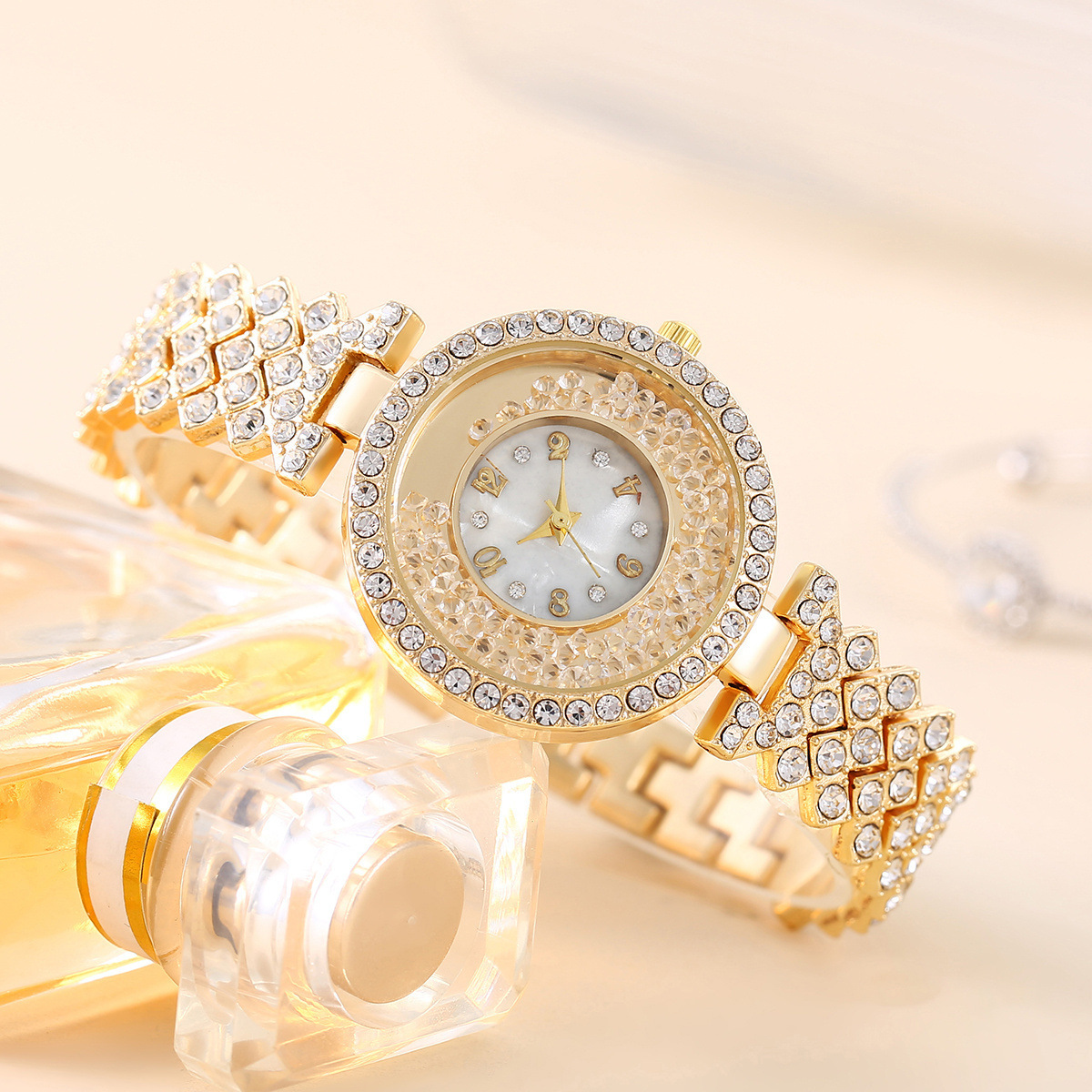 Fashion quicksand ball rhinestone Women's Watch Diamond Steel Belt bracelet digital dial light luxury watch_voghion.com