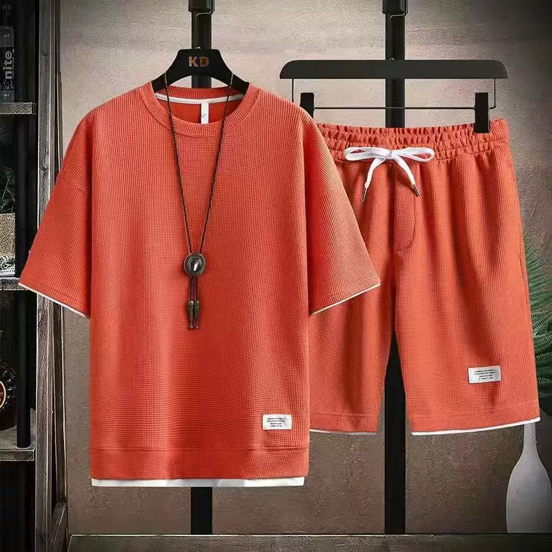 Комплект верх с коротким рукавом и брюки oversize, размеры M–5XL, текстура вафли, повседневный набор