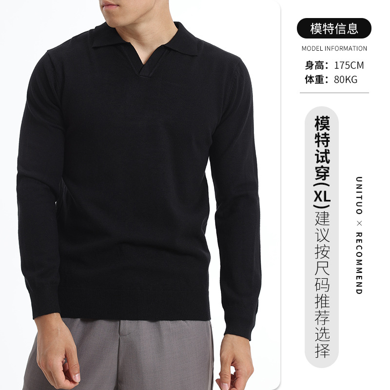Lujo ligero viejo estilo gaviota cuello polo negro de manga larga hombre casual versátil delgado fondo camiseta lana