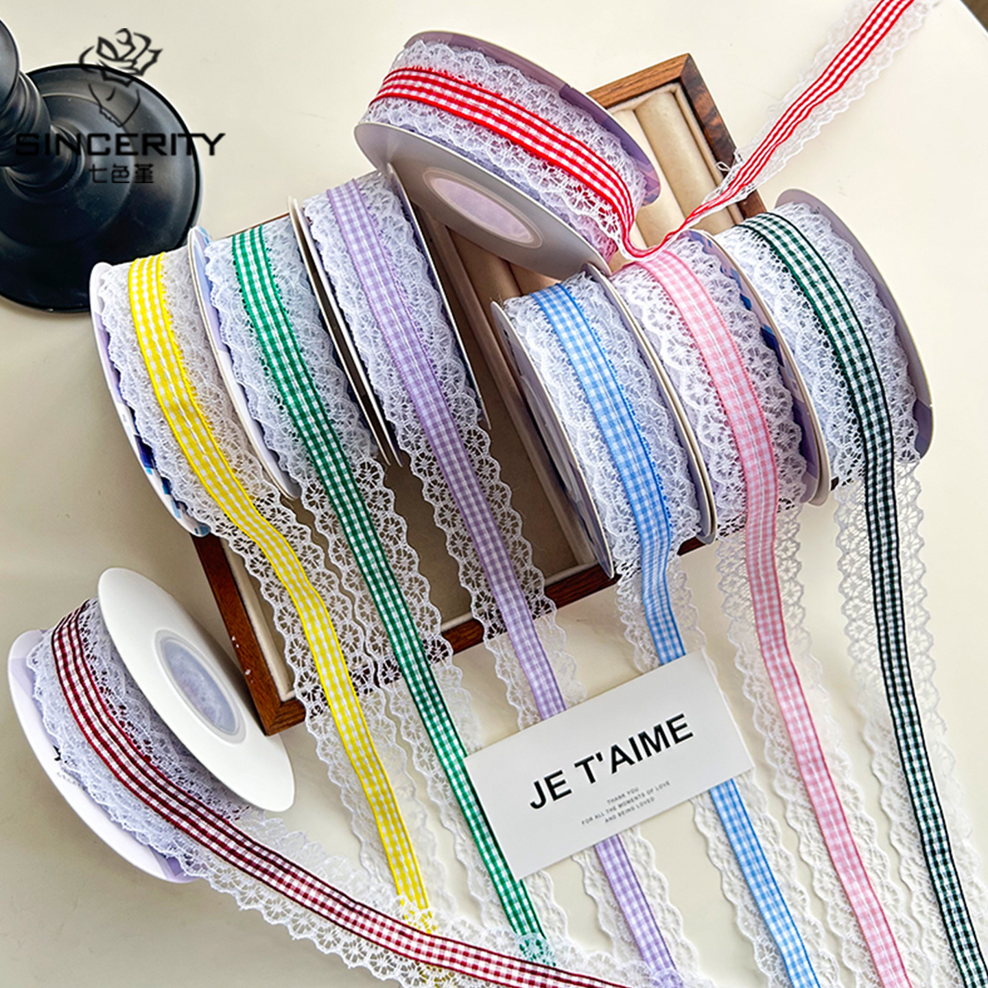 Siete colores, encaje de estilo británico, cinta de celosía, paquete de ramo, cinta de raso, paquete de flores, cinta de bricolaje, embalaje de material