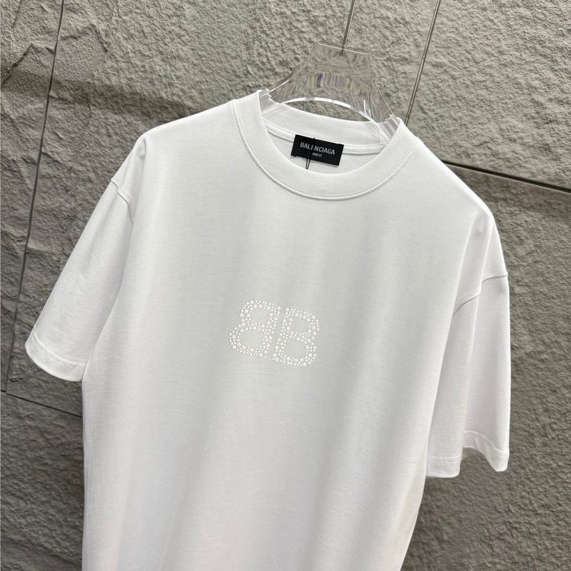 2025年クロスボーダー新作BajiaクラシックダブルB立体ホットダイヤモンドパールクラフトラウンドネック半袖Tシャツ男性と女性用|undefined