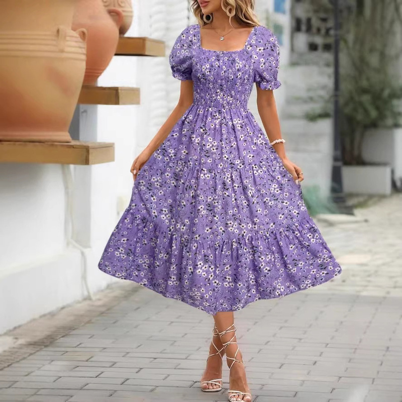 European and American Amazon 2026 Printed Square-Neck Waist-Cinching Puff Sleeve Layered Women's Dress Sweet Style Dress