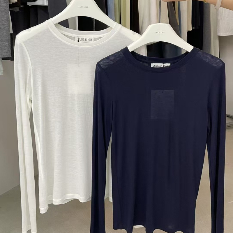 South Korea's Dongdaemun Early Autumn New Women's Pullover Round Neck Pure Color Skin-Friendly Breathable Mask T-Shirt Top for Women