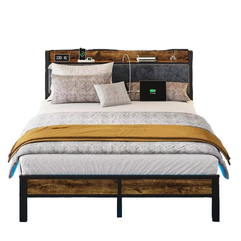 Modern Led Universal Serial Bus Charging Platform Bed Frame, Large Metal Easy-To-Assemble Smart Bed Modern Led Universal Serial Bus Charging Platform Bed Frame, Large Metal Easy-To-Assemble Smart Bed