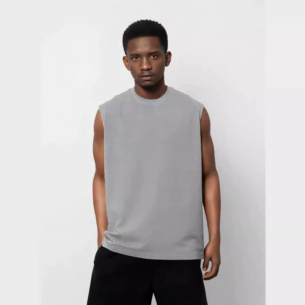 Тяжелый вес 300 г маленький круглый воротник, вымытый хлопковый базовый жилет мужской летний свободный повседневный футболка без рукавов