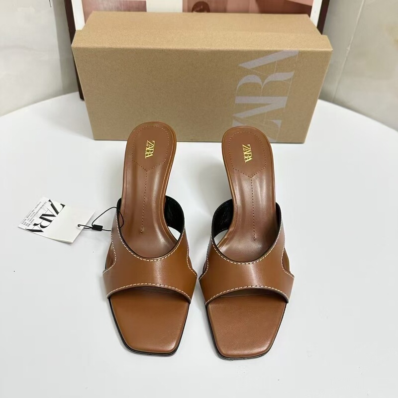 Za2025 New Summer Style French Brown Square Toe Open Toe Cut Out One-Line Strap Back Hollow Stiletto Sandals