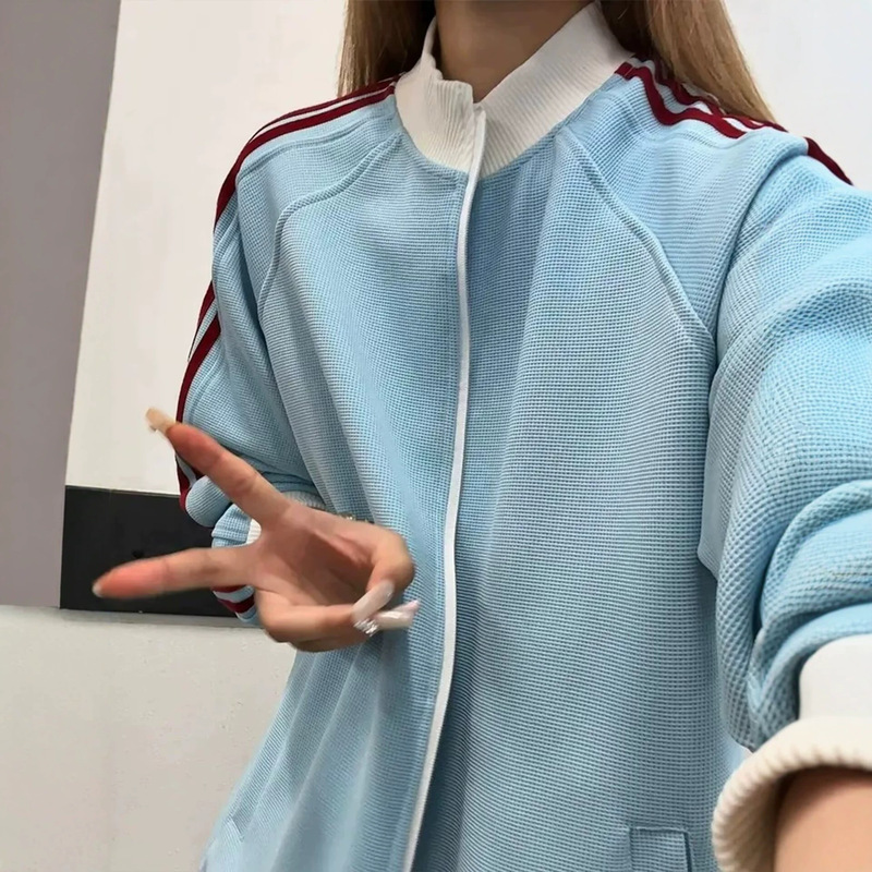 2026 striped color-block stand-up collar cardigan sweatshirt, men's American retro casual sporty zip-up jacket, lightweight jacket