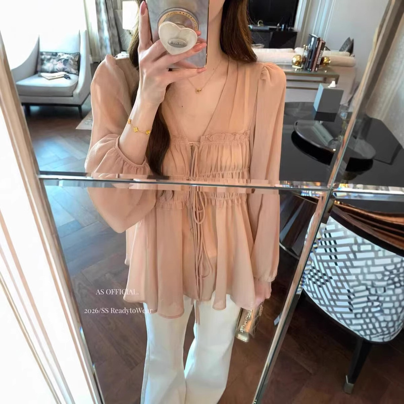 2026 New Summer Fashion Style Gentle Style Long-Sleeved Shirt for Women, Loose and Slimming, Versatile Top Two-Piece Set